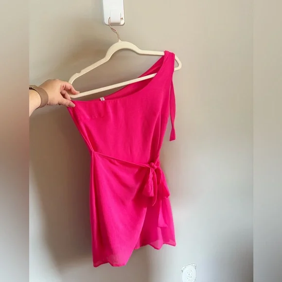 Lucy in the Sky • Hot Pink Shoulder Tie Mini Party Dress Sz Medium Barbiecore - Picture 4 of 12